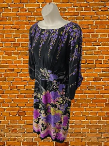 MONSOON BLACK DRESS SIZE UK 8 SILK WOMENS 3/4 SLEEVE PURPLE FLORAL SUMMER PARTY - Picture 1 of 5
