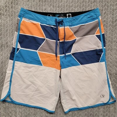 OP OPFlex Board Shorts Mens Size 34 White Blue Trim Ocean Pacific Geometric - Image 1 of 4
