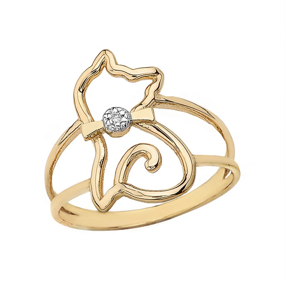 Gold Cat with Bow Tie Split Shank Solitaire Ring (Yellow/Rose/White ) - Image 1 of 4