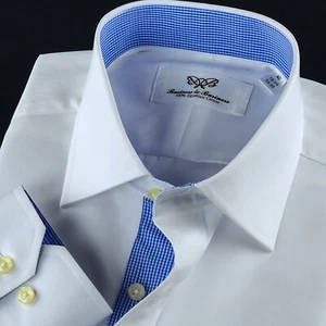 Weißes formelles Business-Hemd aus Twill mit blauem Besatz Innenfutter Einzelmanschette - Bild 1 von 5