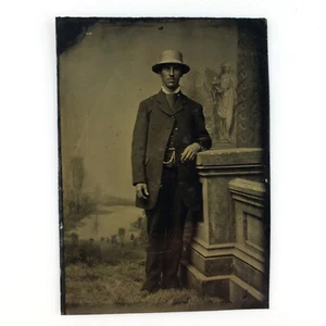 Fondo Pintado Intense Man Tintype c1870 Antiguo 1/6 Placa Estudio Foto A3383 - Imagen 1 de 2