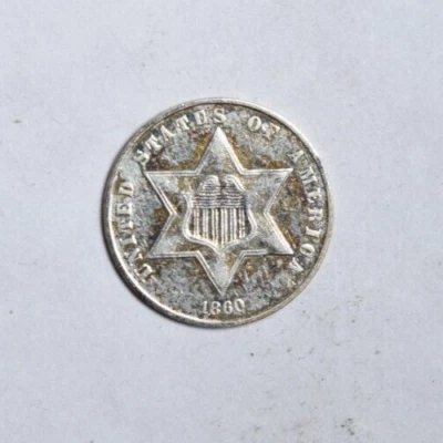 1860 THREE CENT SILVER ~BLUE/GOLD TONE SHARP STRIKE AU ABOUT UNCIRCULATED! INV#2 - Image 1 of 2