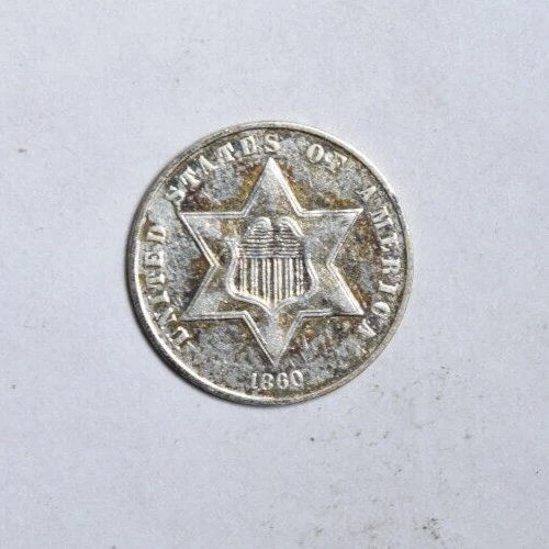1860 THREE CENT SILVER ~BLUE/GOLD TONE SHARP STRIKE AU ABOUT UNCIRCULATED! INV#2 - Image 1 of 2