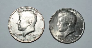 153a. 2X JOHN F KENNEDY HALF DOLLARS 1982 P RIM CUDS, 1976 D BROADSTRIKE, ERRORS - Picture 1 of 4