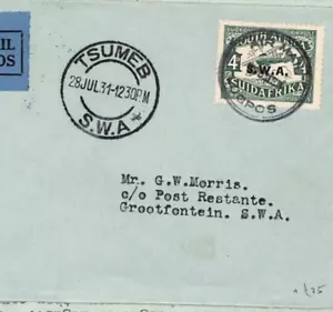 Cubierta de correo aéreo del suroeste de África *TSUMEB* Grootfontein 1931 carta de campo ZF199 - Imagen 1 de 10