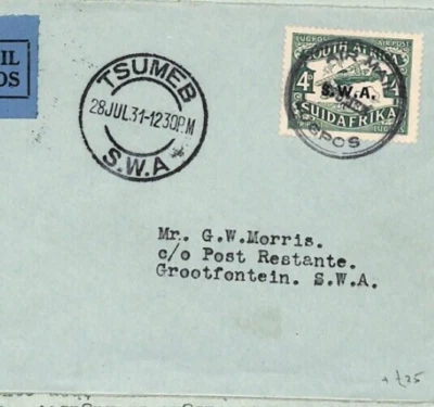 Cubierta de correo aéreo del suroeste de África *TSUMEB* Grootfontein 1931 carta de campo ZF199 Foto 1 de 4