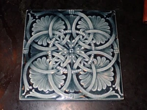 Antique 19thC Victorian Ceramic Accent Art Tile Ornate Muted Blue Gray 6x6 - Picture 1 of 5