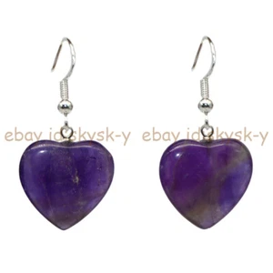 20x20mm Natural Purple Amethyst Heart-shaped Dangle Drop Hook Earrings - Picture 1 of 3