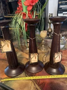 Candle Holder Brown Mango Wood Tall Turned Decorative Set Of 3 - Picture 1 of 4