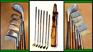 Antique Wood Shaft BURKE Golf Club Set of 6 Hickory Vintage Clubs w/Bag