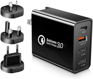 48W 4-Port Qualcomm Charger Quick Charge 3.0 USB C Wall Power + EU/UK/AU Adapter - Picture 1 of 12