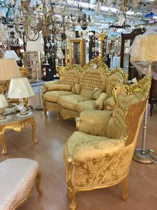 3 SEAT SOFA + 2 ARMCHAIRS + GOLD FABRIC WOOD TABLE WITH CRYSTALS - Picture 1 of 1