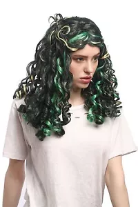 Wig Ladies Carnival Renaissance Curls Green Mix Streaks Blonde Centre Parting - Picture 1 of 4