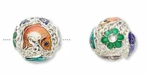 5 Silver Plated Cloisonné 13.5mm Round Beads with Fish Design * - Picture 1 of 2