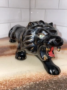 Prowling Black Lion 12" Redware Giapponese Ceramica Vintage Verde Gioiello Occhi Oro - Foto 1 di 9