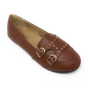 Victoria K Women's Double Buckles Gold Studs Ballerina Flats, Brown, Size: 8.5 - Picture 1 of 5