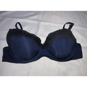 Navy Blue Bra Lace Trim Padded Underwire Support 36B Push Up Cleavage Sexy - Picture 1 of 6