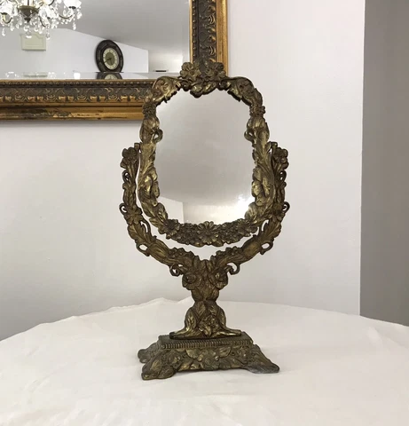 Antique Gilt Floral Bronze Metal Table Mirror-Rotated-Pedestal-Stand-150-BWMC Cover