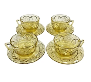 FEDERAL GLASS ROSEMARY DUTCH ROSE AMBER CUP & SAUCER SET OF 4 DEPRESSION GLASS - Picture 1 of 6