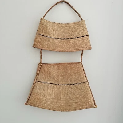 Vintage Handwoven Mexican Straw Shoulder Bag Sliding Top| Folk Art Resort Purse - Image 1 of 4