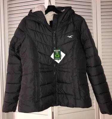 NWT Hollister Puffer Collection Jacket Size Large Gray Recycled Fill Hoodie $120 - Image 1 of 4
