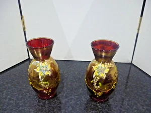Vintage Murano Hand painted gilt and Ruby Glass pair of vases - Picture 1 of 5