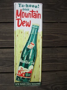Mountain Dew Steel Sign Bottle on Fence Background Green 19.5 x 6 Inches Retro - Picture 1 of 8