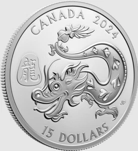 LUNAR Year of the Lucky DRAGON 2024 CANADA 1oz .9999 Pure Silver Proof $15 Coin - Picture 1 of 7