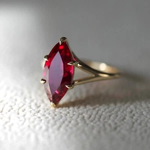14K Solid Gold Ruby Ring, 3.80ct Marquise Engagement Ring , Lab Created Ruby - Picture 1 of 9