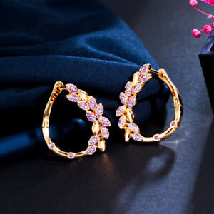 Lovely Yellow Gold Purple Cubic Zirconia CZ Crystal Leaf Hoop Earrings for Women