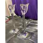 Pair (2), Figural Tulip Clear Glass/Crystal Candlesticks/Taper Holder. 