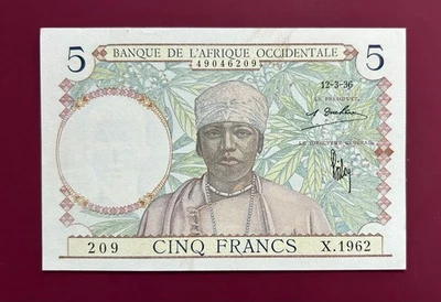 5 Francs Banque de l'Afrique Occidentale 1936 - Etat Voir Scan - Image 1 of 2