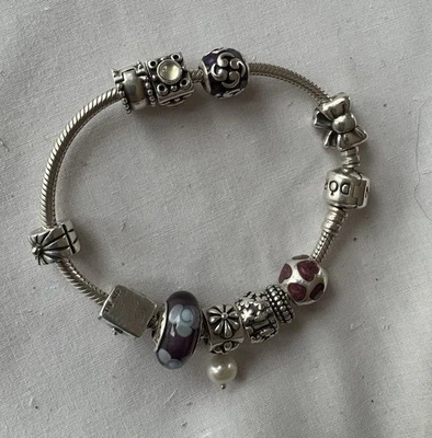Pandora Charm Armband 19 cm Silber Roller 11 Anhänger 925 Silber - Bild 1 von 4