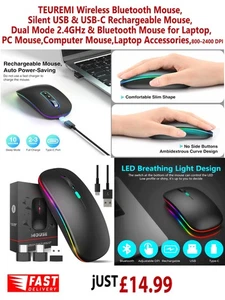 TEUREMI Wireless Bluetooth Mouse, Silent USB & USB-C Rechargeable Mouse, Dual - Picture 1 of 11