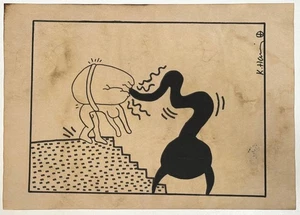 Keith Haring (Handarbeit) Zeichnung auf altem Papier signiert & gestempelt, Vintage Kunst - Bild 1 von 4