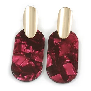 65mm Oval Acrylic Marble Pink Earrings with Gold Tone Oval Plate - Picture 1 of 6