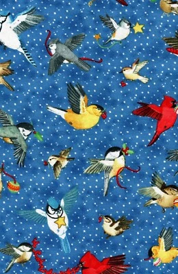 Tela de algodón azul con estampado de pájaros totalmente arreglada de Nancy Shumaker Pallon 1/2 yarda Foto 1 de 2