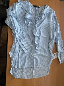 ZARA NWT white blue stripes ruffled asymmetric hem blouse top XS - Picture 1 of 11