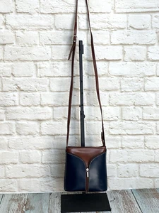 Vera Pelle Italian Leather Handbag Crossbody Blue With Brown Silvertone - Picture 1 of 24