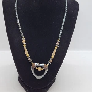 Handcrafted Healing Hematite Open Heart Pendant & Jasper Beaded Chakra Necklace - Picture 1 of 12