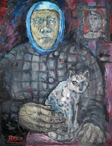 Rößler, Klaus (1939 Dresden - 2019 Heringsdorf) „Alte Frau mit Katze“ - Bild 1 von 9