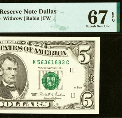 1995 $5 Federal Reserve Note PMG 67EPQ wanted gem Dallas Fr 1985-K - Image 1 of 3
