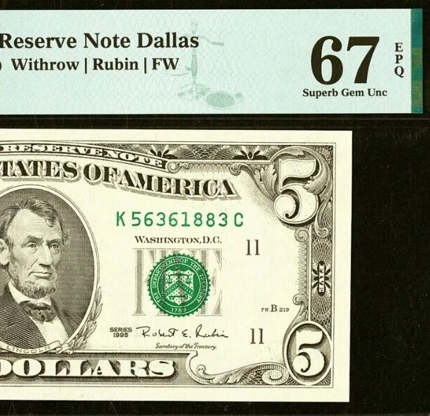 1995 $5 Federal Reserve Note PMG 67EPQ wanted gem Dallas Fr 1985-K - Image 1 of 3