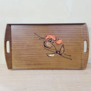 Vintage Brown Wood Laquear Look Japanese Tray Handles 19x11 Orange Floral Leaf - Picture 1 of 8