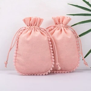 25Pcs Wedding Favor Peach Round Pom-Pom Drawstring Cotton Luxury Gift Pouch 3x4" - Picture 1 of 6