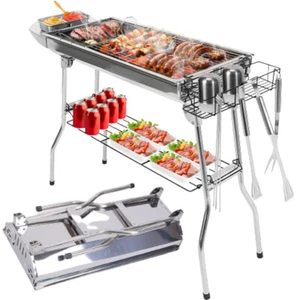Folding BBQ Grill Barbecue Charcoal Rack Kebab Stainless Steel Outdoor Camping - Picture 1 of 10