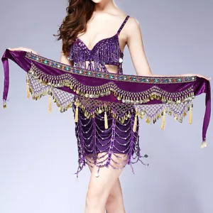 Costume Danza del Ventre Strass Perline Monete Frangia Anca Sciarpa Cintura Avvolgimento 11 Colori - Foto 1 di 14