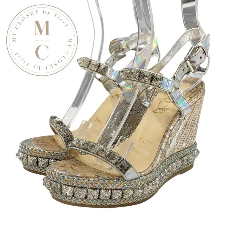 Christian Louboutin Pyraclou Wedge Sole Sandals Silver Aurora Size