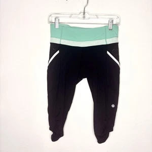 Lululemon Leggings Women 6 Black Green Run Cropped II Yoga Workout Gym Pants - Picture 1 of 10