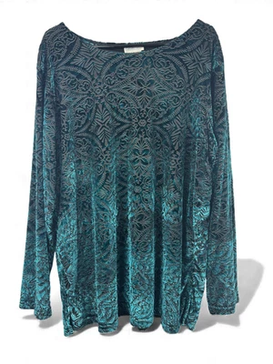 Túnica Coldwater Creek Verde Negro Terciopelo Burnout Talla Grande 2X Pullover Vacaciones Foto 1 de 4